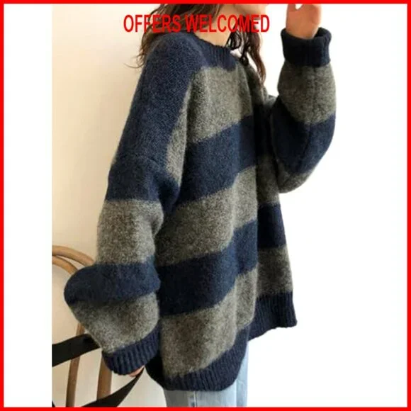 Oversized Striped Pullover Sweater, Crewneck Knit Top, Long Sleeve - Picture 3 of 7